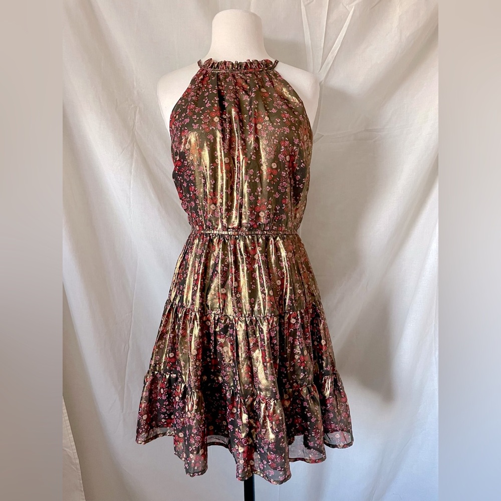 Trixxi Olive Green Metallic Floral Tiered Halter Mini Dress